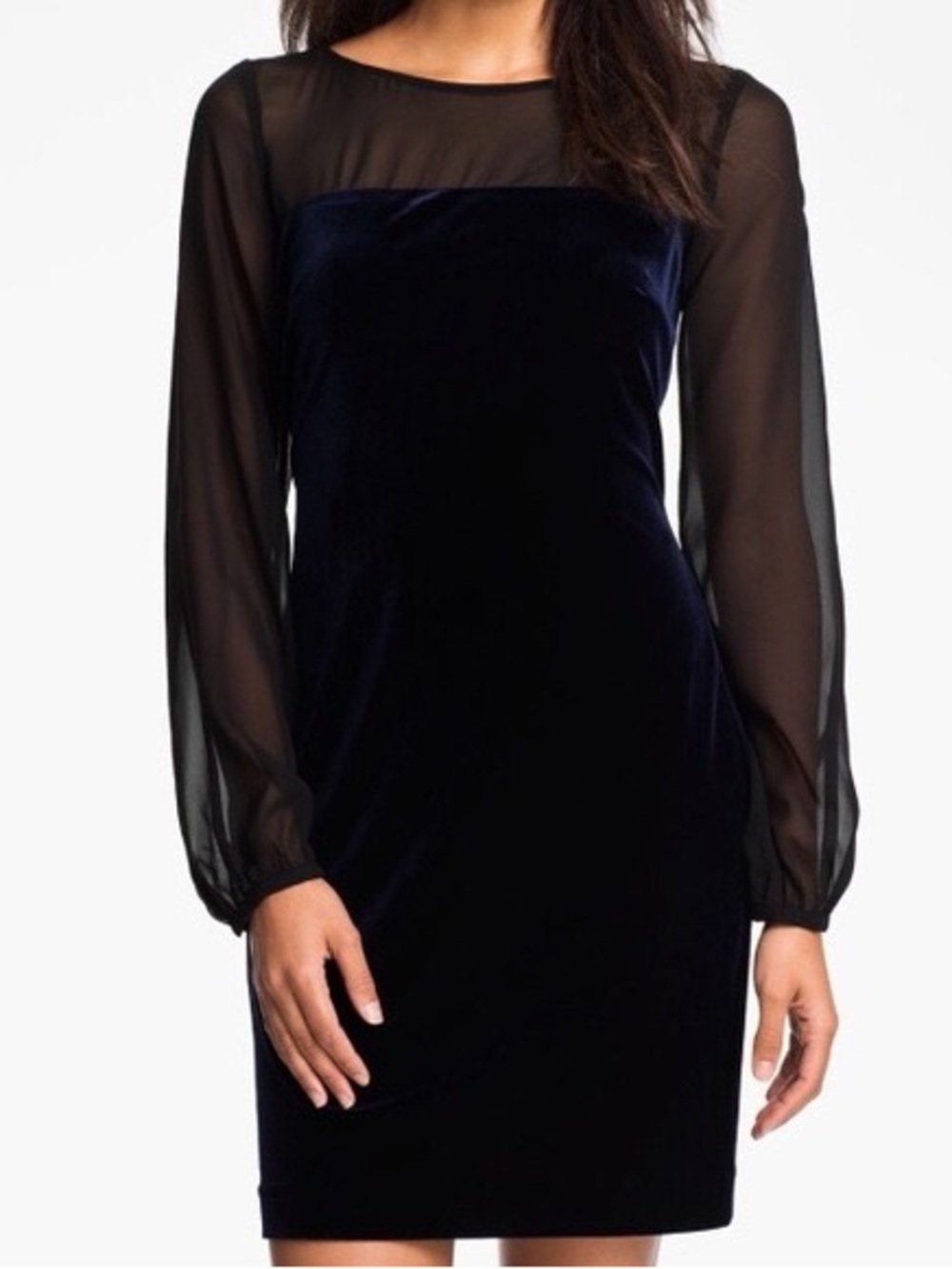 BOSTON PROPER Navy Blue Velvet Black Chiffon Cocktail Dress Sz Small